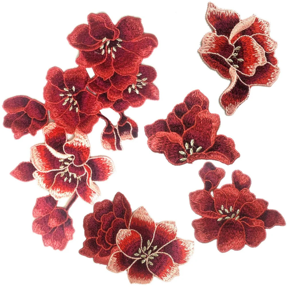 Red Plum Blossom Embroidery Patch Sewing Repair 5 Pcs