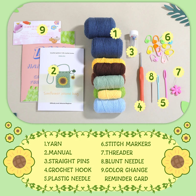 Complete Beginner Crochet Kit for Sunflower Bag for Adults with Video Tutorials
