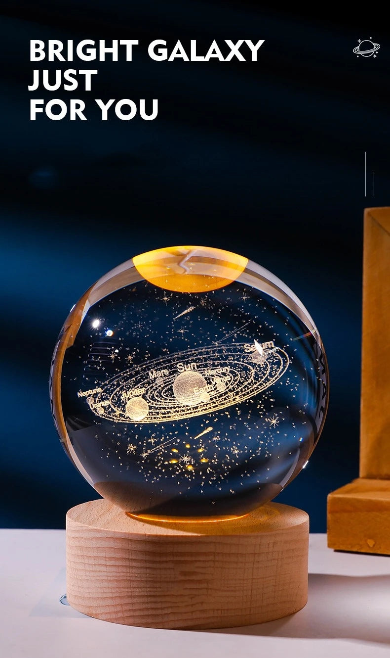 3D Solar System Crystal Ball with LED Base