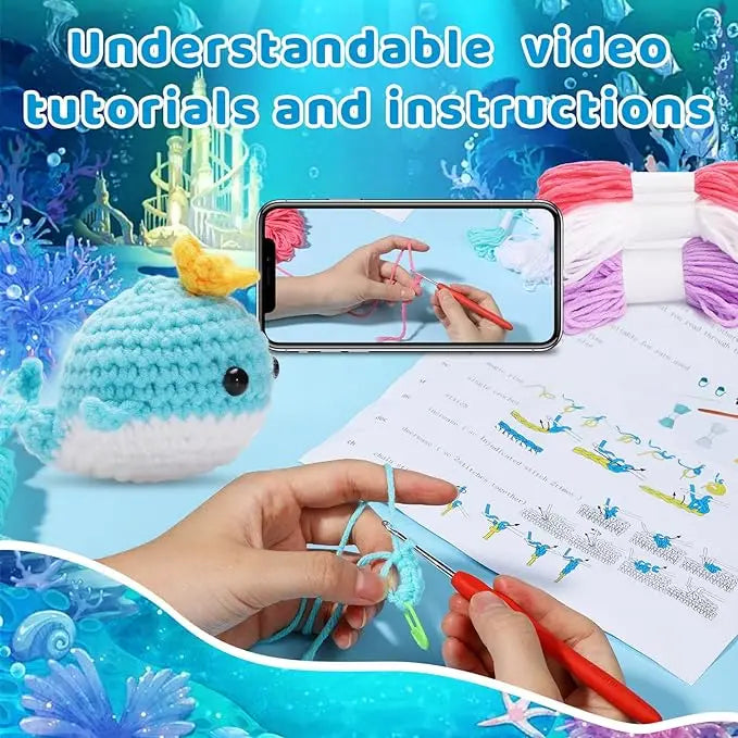 MIUSIE 2PCS DIY Animal Crochet Kit Whale Dolls with Wool Yarn (4 Colors)