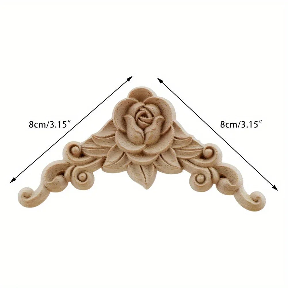 4pcs Natural Wood Carved Appliques – Decorative Corner Figurines for Furniture & Walls