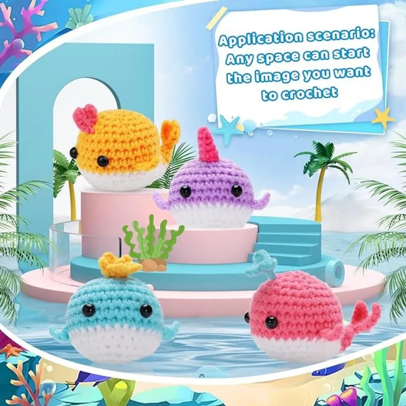MIUSIE 2PCS DIY Animal Crochet Kit Whale Dolls with Wool Yarn (4 Colors)
