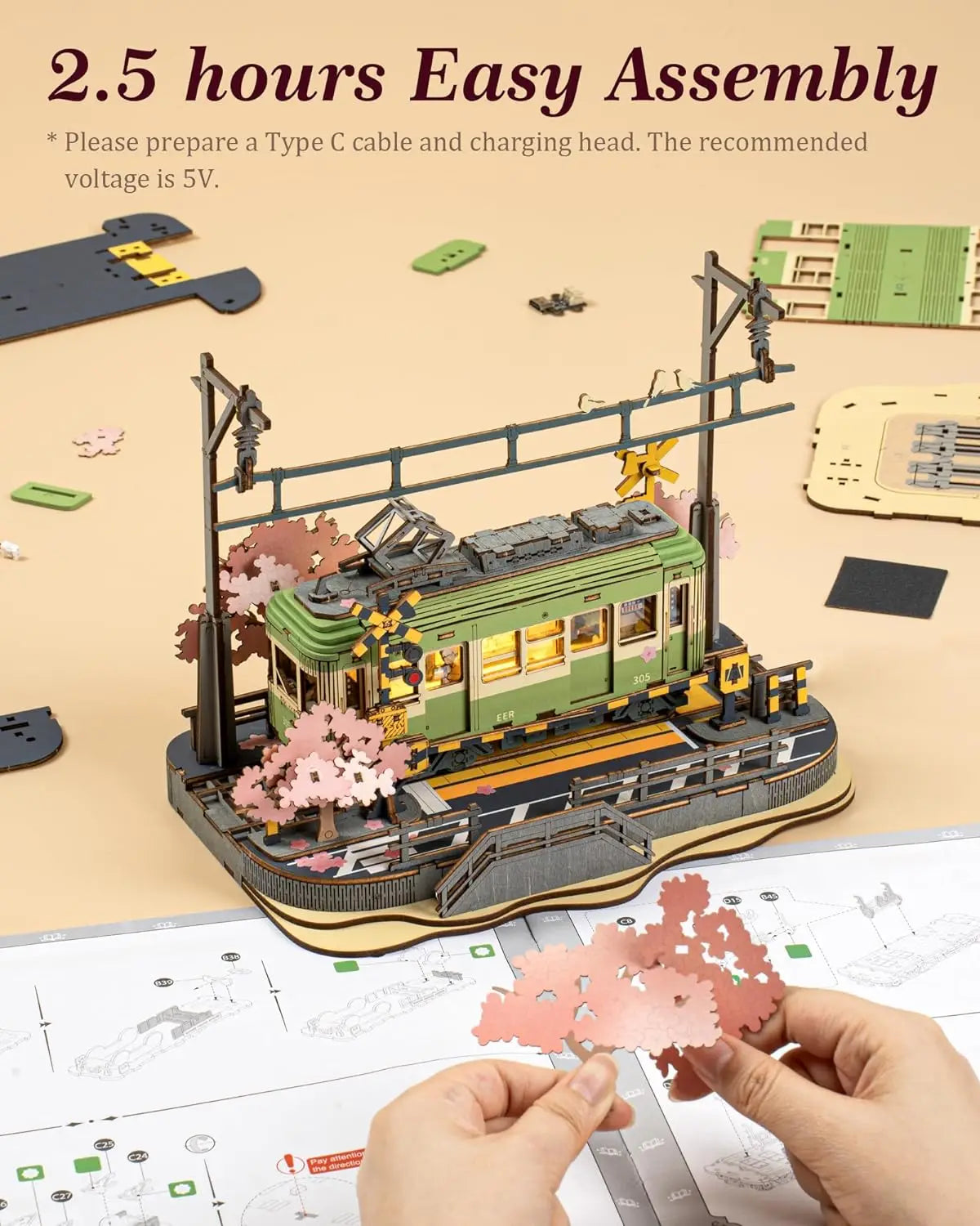 Robotime Sakura Journey 3D Wooden Puzzle Tram Model with LED Light