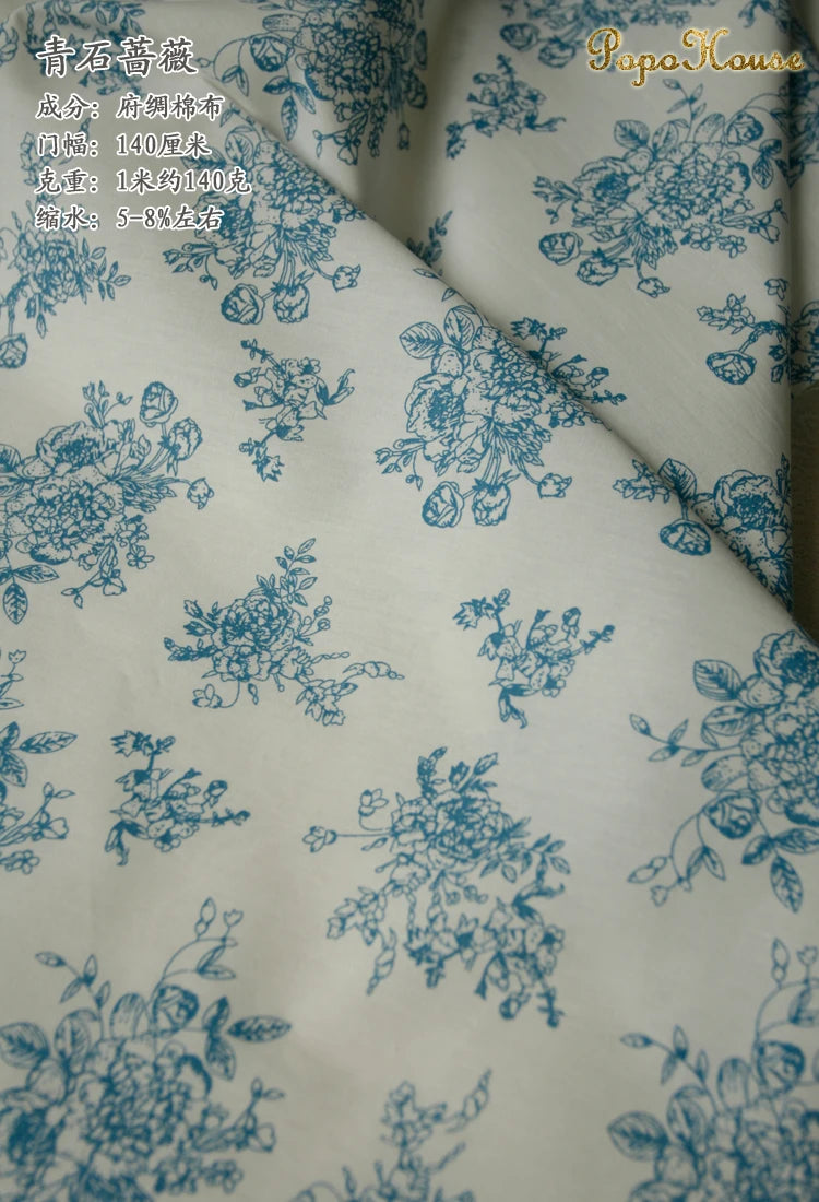 Blue White Porcelain Rose Cotton Poplin Fabric 140x50cm