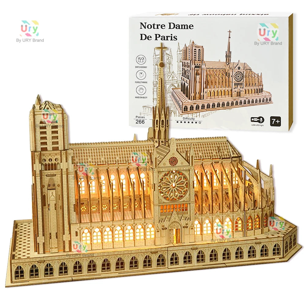 3D Wooden Puzzle – Notre Dame Cathedral with Lights