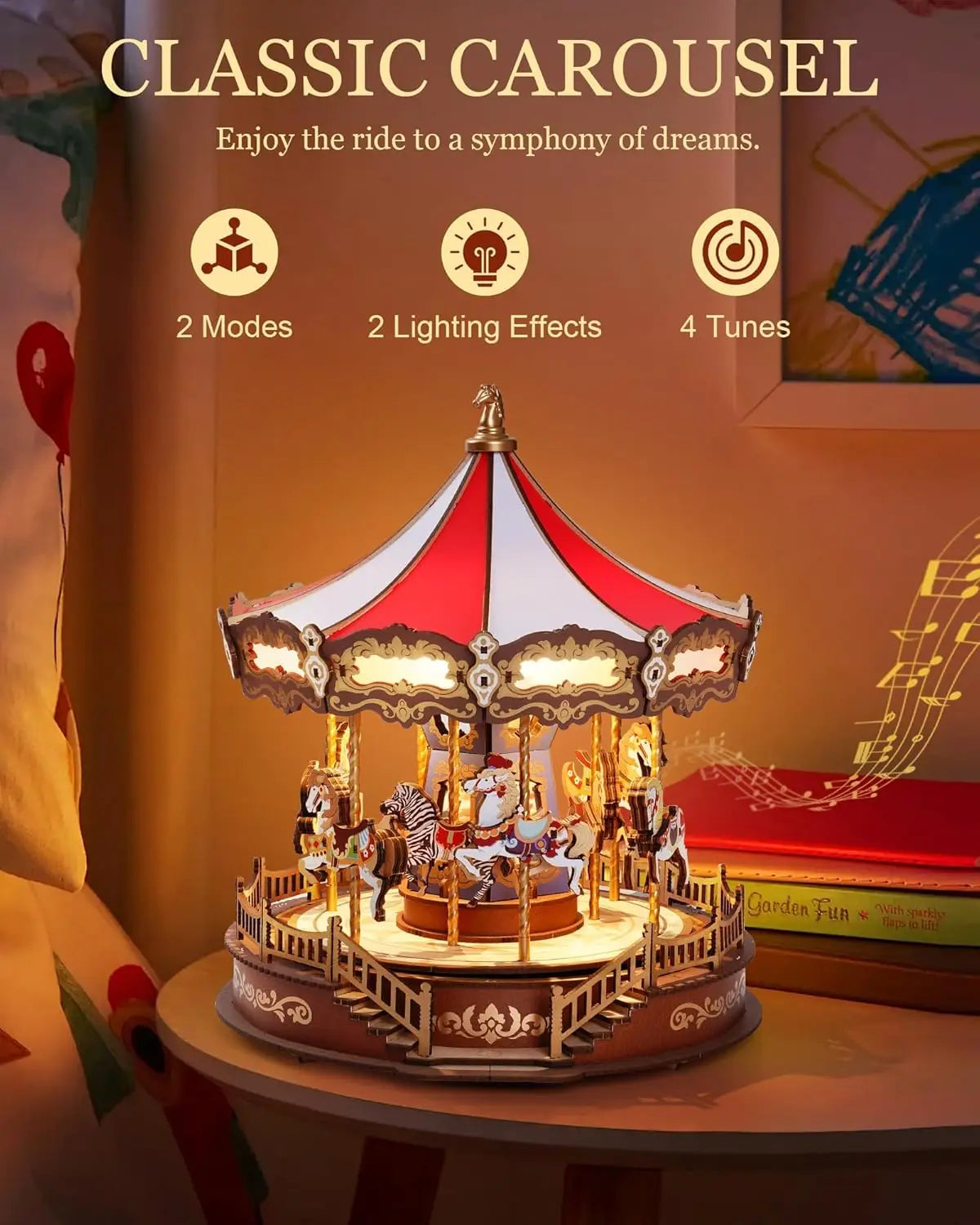 Robotime 3D Wooden Carousel Music Box with LED Lights