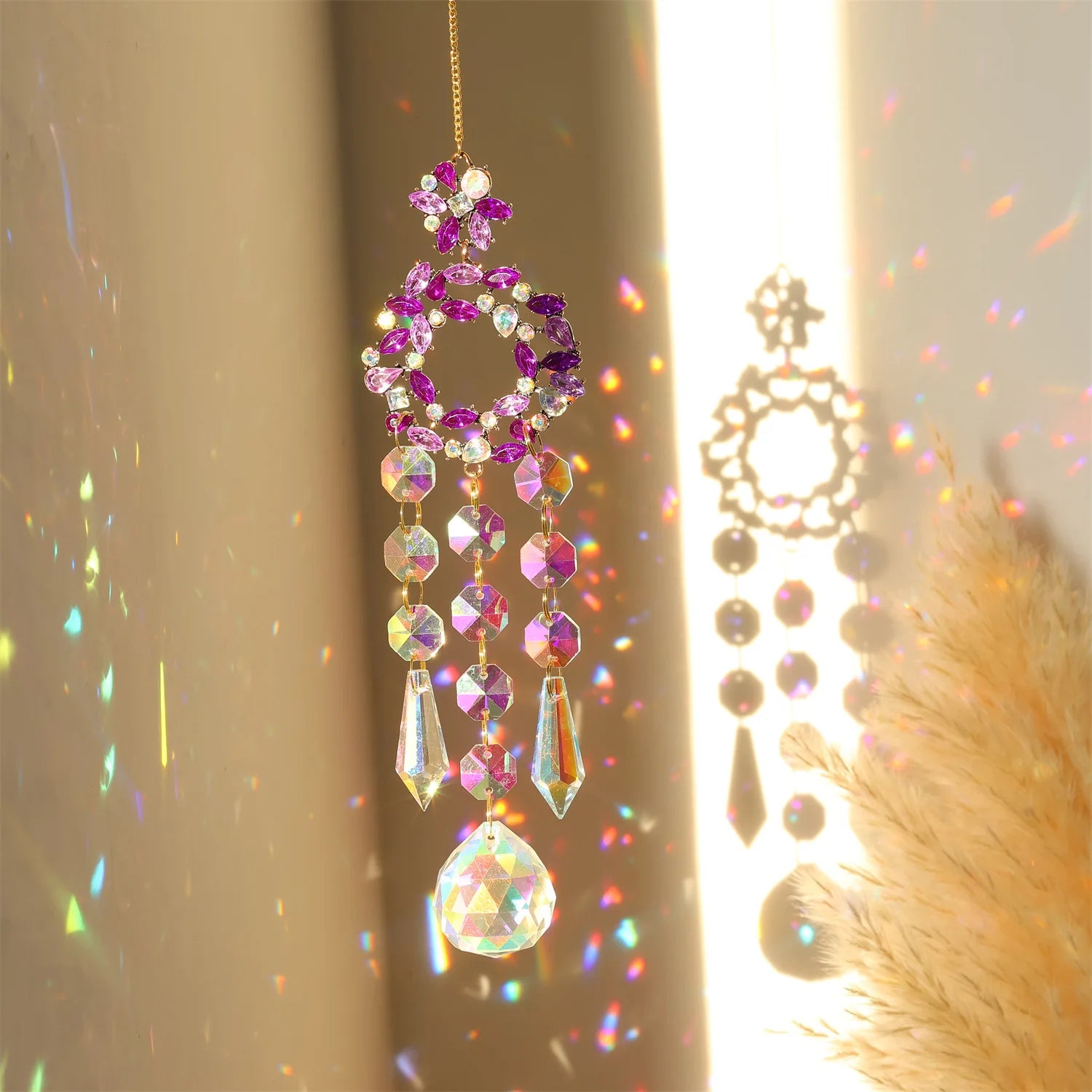 Crystal Sun Catcher with Moon, Butterfly, and Lotus for Home Decor