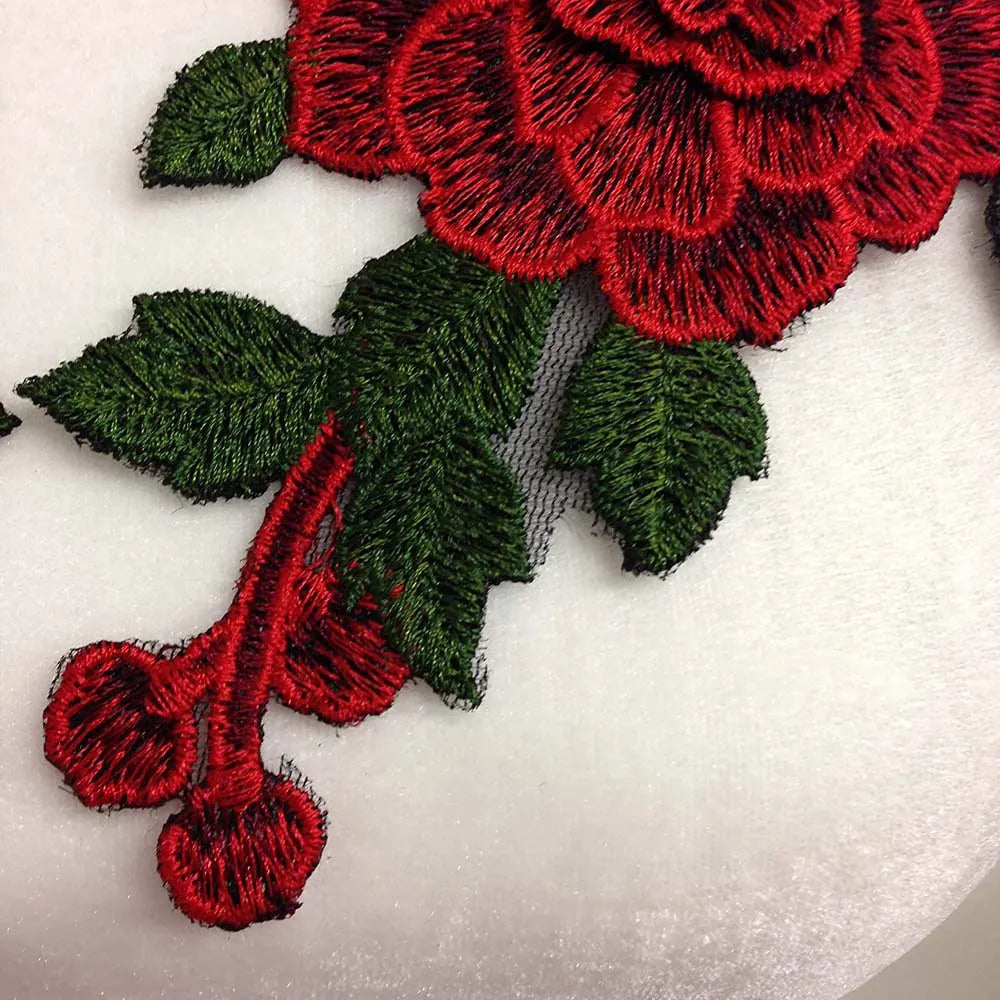 Red Embroidered Rose Applique Patch Pair 23x12cm