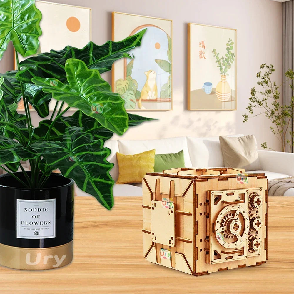URY 3D Wooden Password Piggy Bank Puzzle