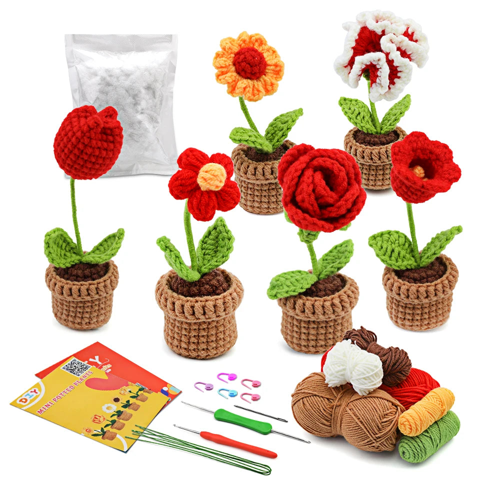 KRABALL 6pcs Beginner Crochet Potted Flower Kit