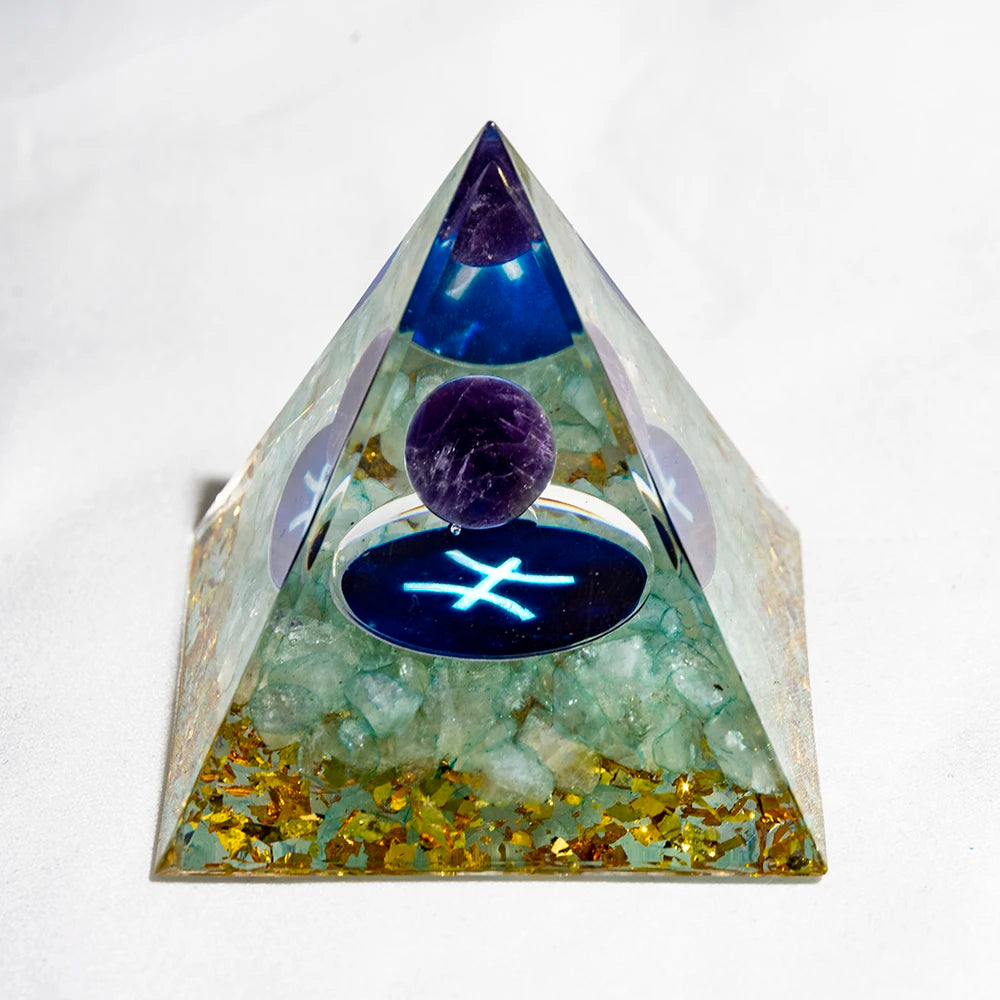 Crystal Energy Pyramid with Peridot and Amethyst for Chakra Healing