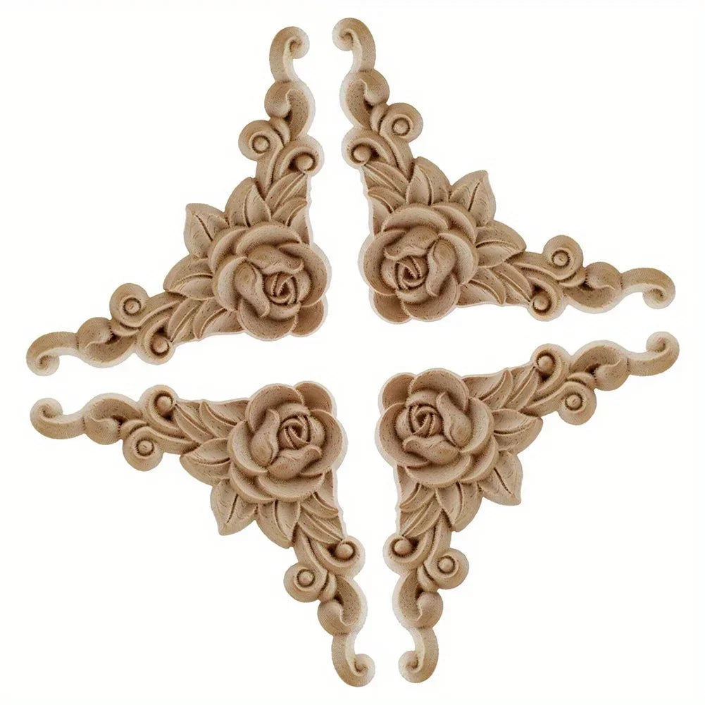 4pcs Natural Wood Carved Appliques – Decorative Corner Figurines for Furniture & Walls