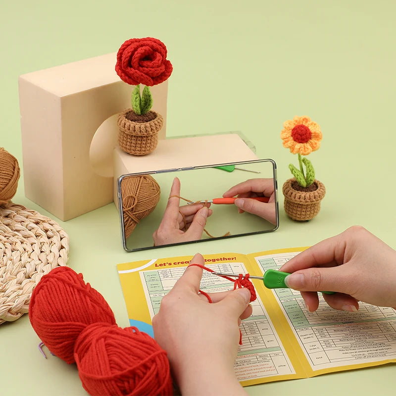 KRABALL 6pcs Beginner Crochet Potted Flower Kit