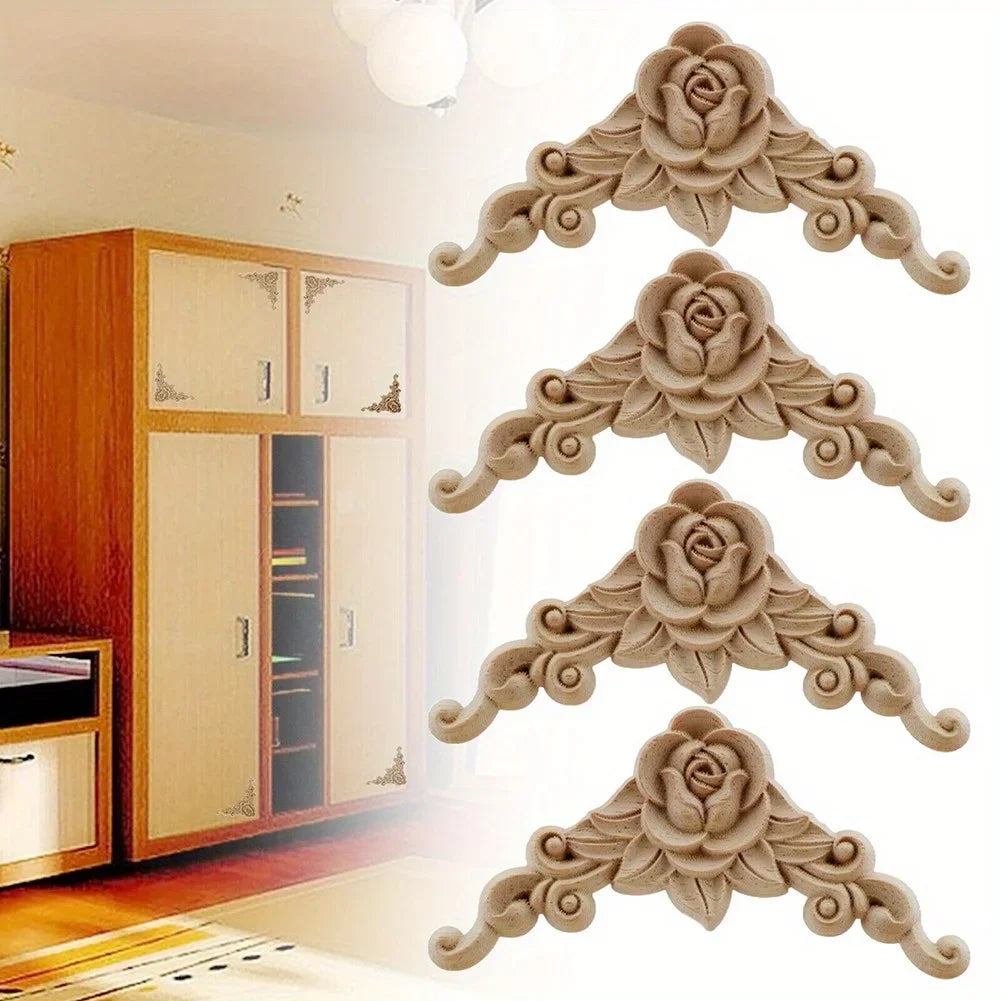 4pcs Natural Wood Carved Appliques – Decorative Corner Figurines for Furniture & Walls