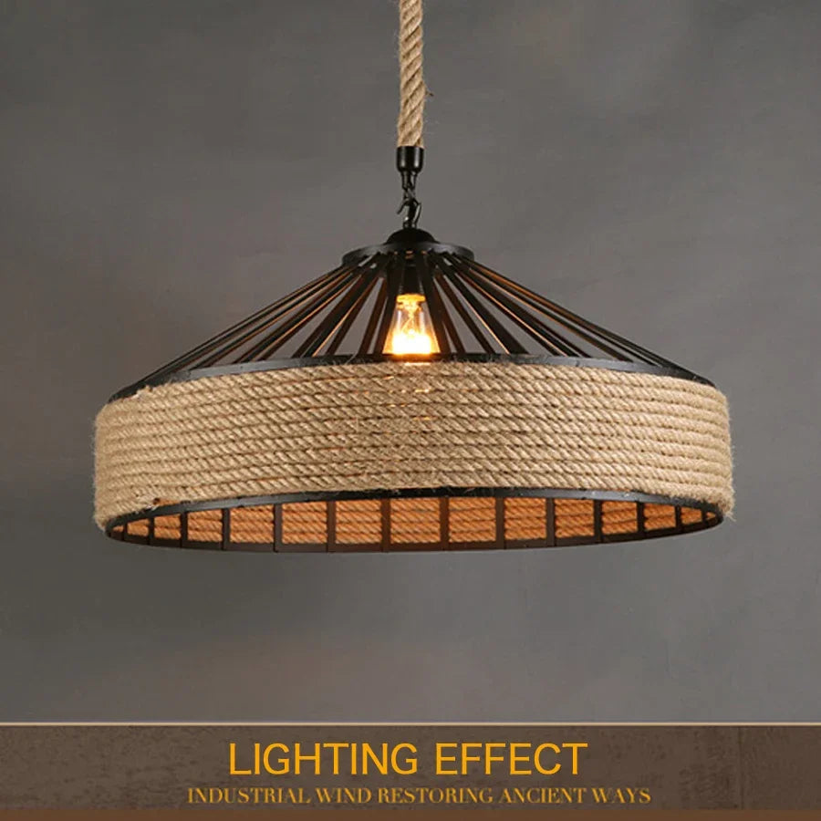 Classical Hemp Rope Pendant Lamp – Retro Industrial Ceiling Light