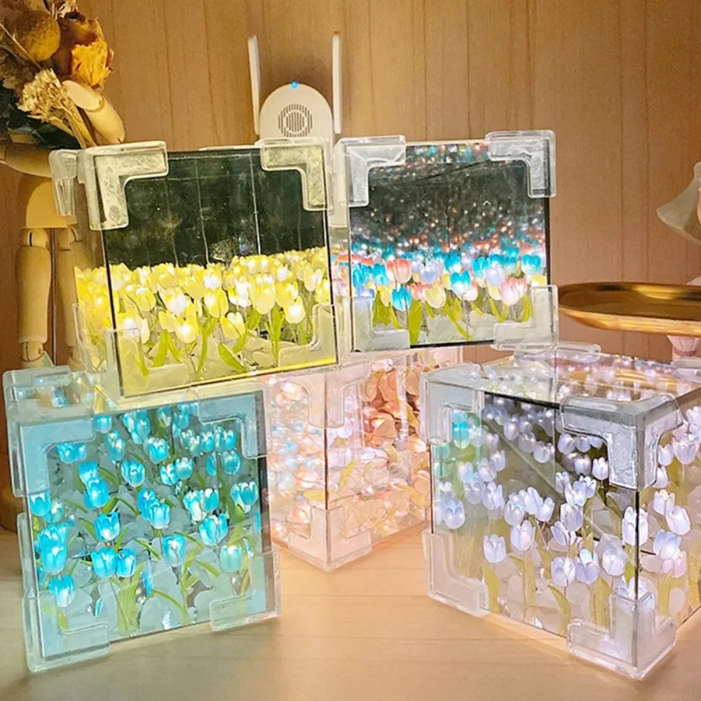 DIY Tulip Mirror Cube Lamp – Handmade Flower Night Light for Bedroom