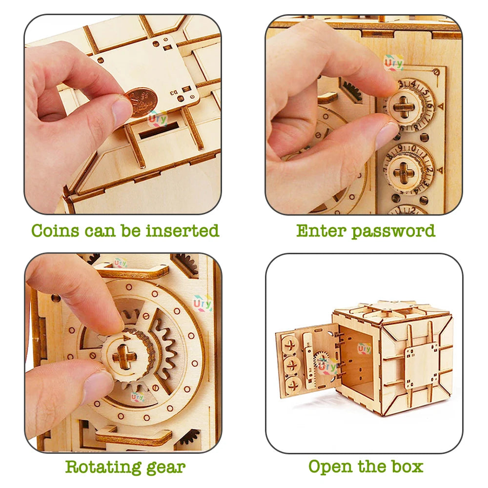 URY 3D Wooden Password Piggy Bank Puzzle