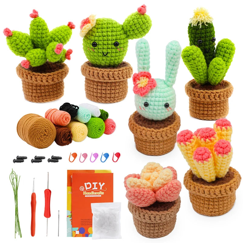 KRABALL 3/6pcs Cactus Crochet Starter Kit for Adults