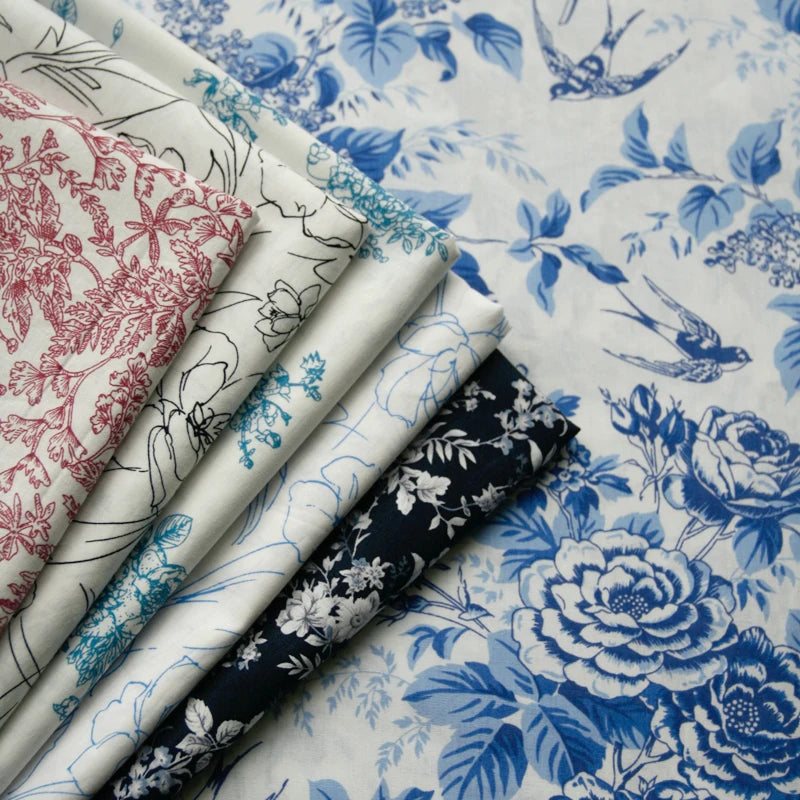Blue White Porcelain Rose Cotton Poplin Fabric 140x50cm