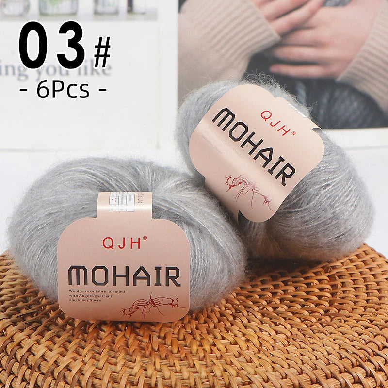 6pcs Soft Mohair Angora Yarn – Fluffy Lace Yarn for Knitting & Crochet (25g/pc)