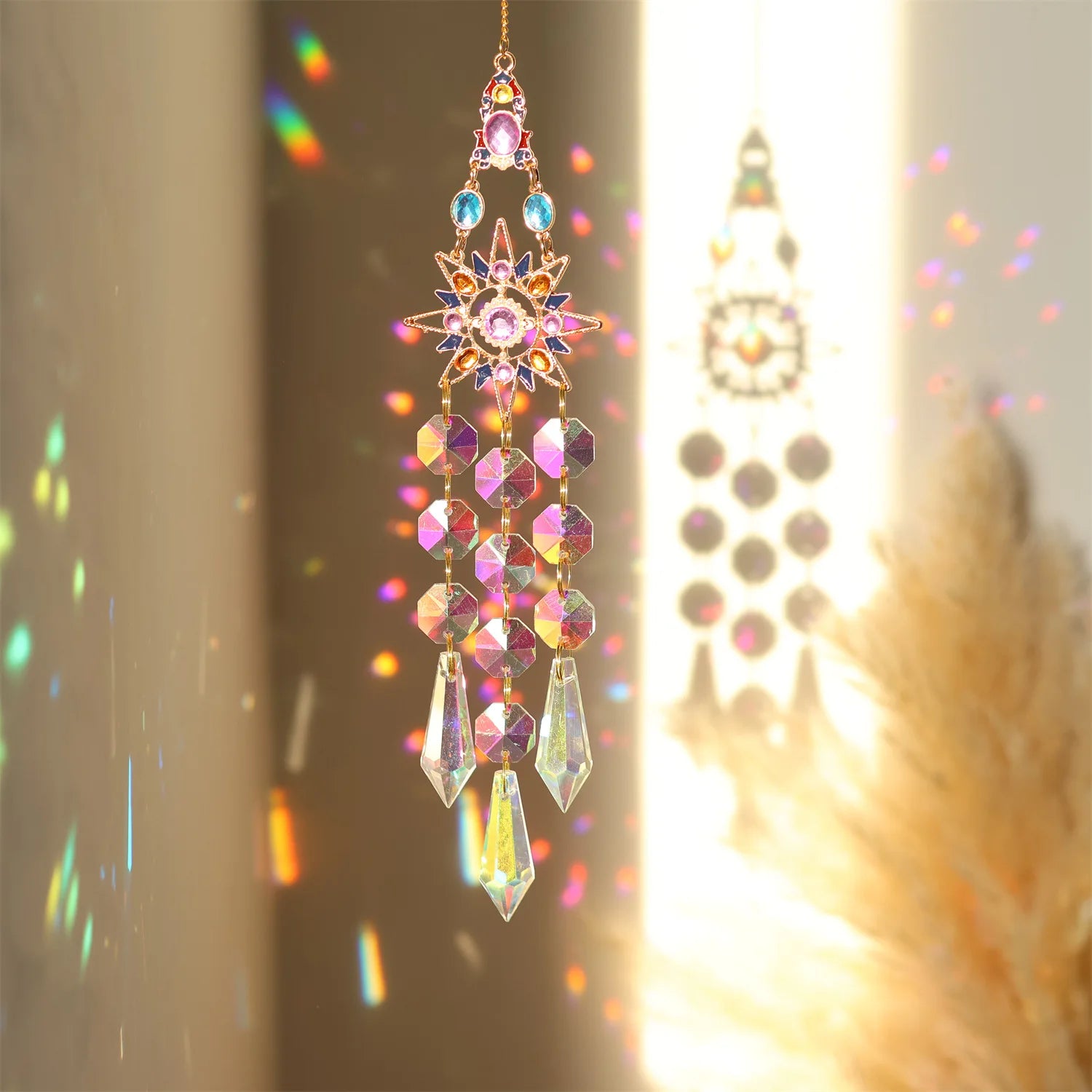 Crystal Sun Catcher with Moon, Butterfly, and Lotus for Home Decor