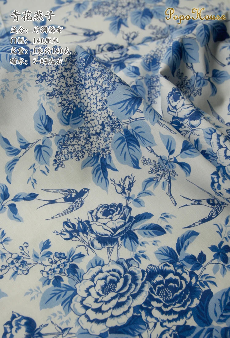 Blue White Porcelain Rose Cotton Poplin Fabric 140x50cm