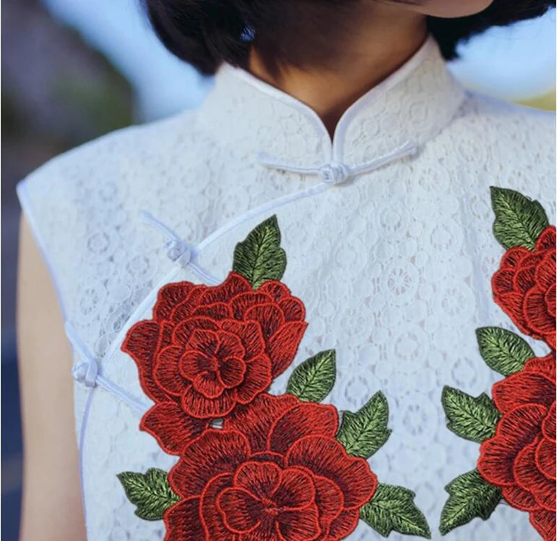 Red Embroidered Rose Applique Patch Pair 23x12cm