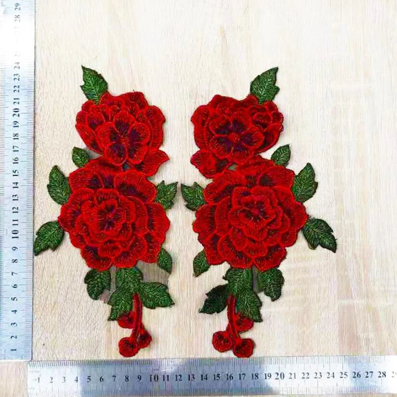 Red Embroidered Rose Applique Patch Pair 23x12cm