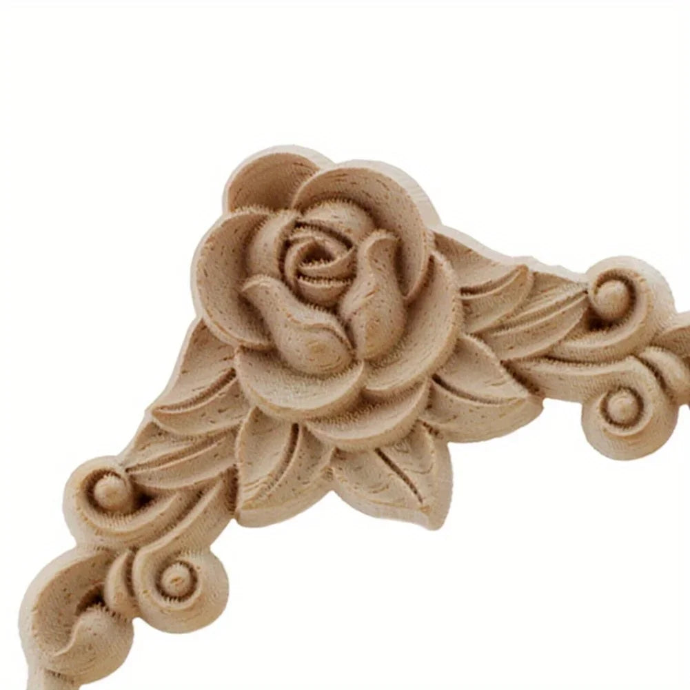 4pcs Natural Wood Carved Appliques – Decorative Corner Figurines for Furniture & Walls