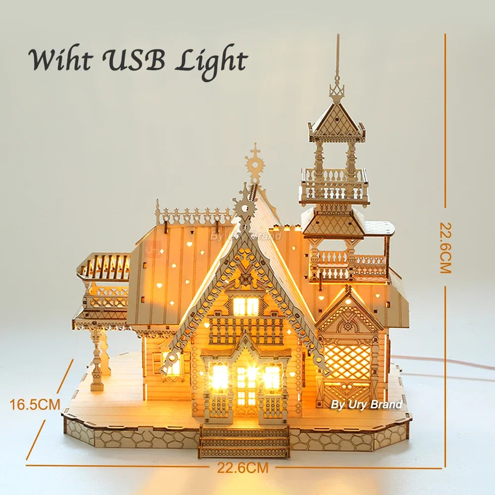 3D Wooden Puzzle Villa & Castle Model with Light