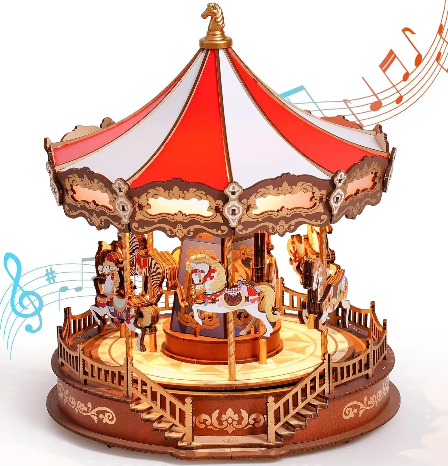 Robotime 3D Wooden Carousel Music Box with LED Lights