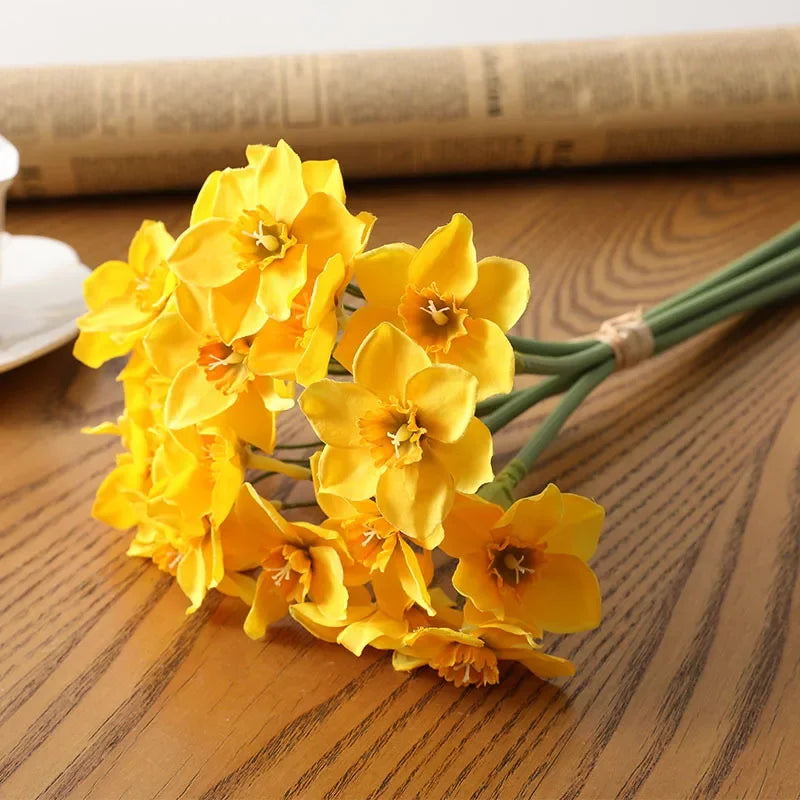 6pcs Silk Narcissus Artificial Flower Bouquet for Home or Wedding Deco