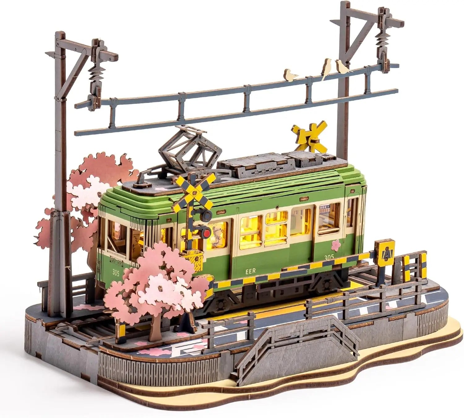 Robotime Sakura Journey 3D Wooden Puzzle Tram Model with LED Light