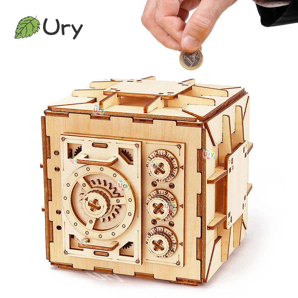 URY 3D Wooden Password Piggy Bank Puzzle