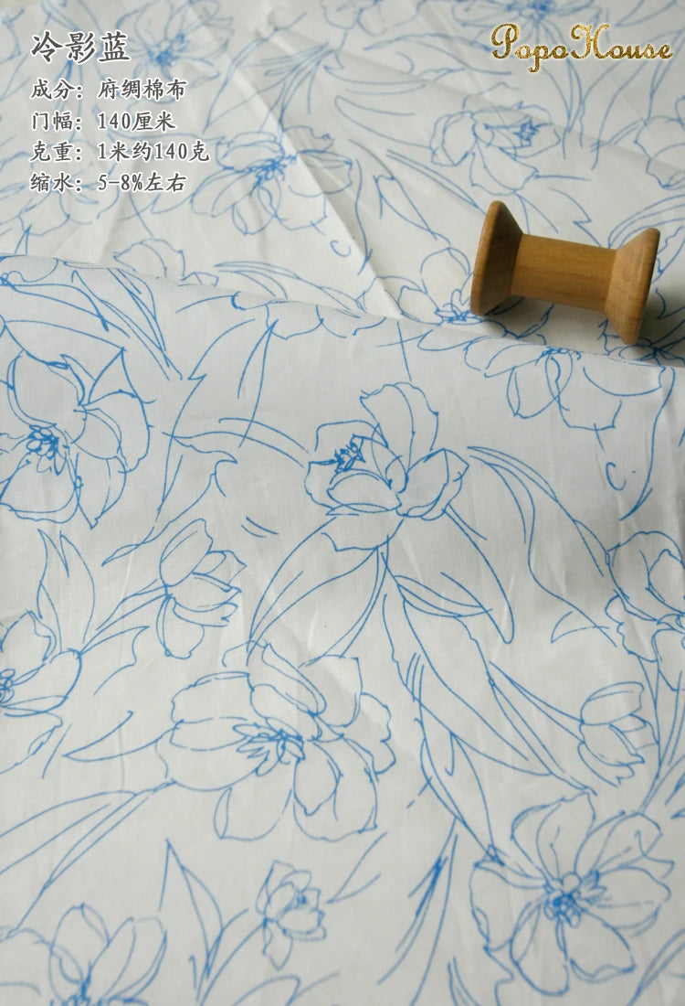 Blue White Porcelain Rose Cotton Poplin Fabric 140x50cm