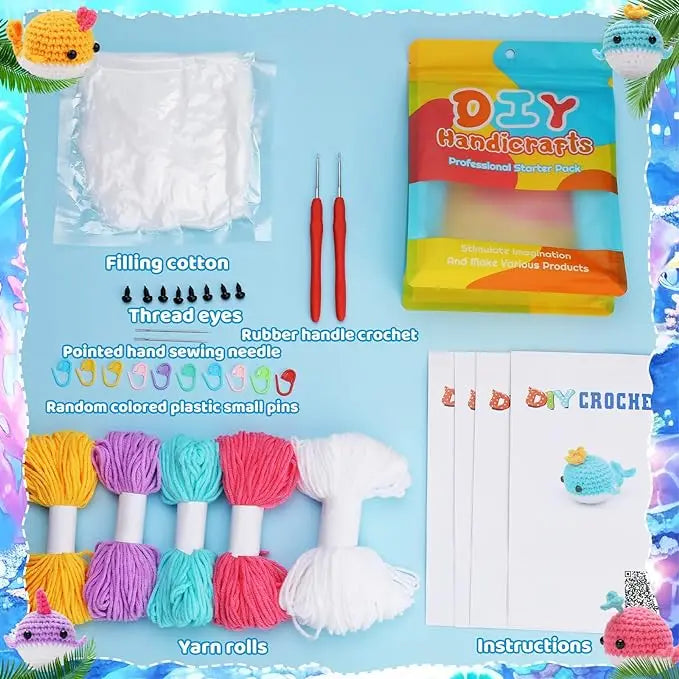 MIUSIE 2PCS DIY Animal Crochet Kit Whale Dolls with Wool Yarn (4 Colors)