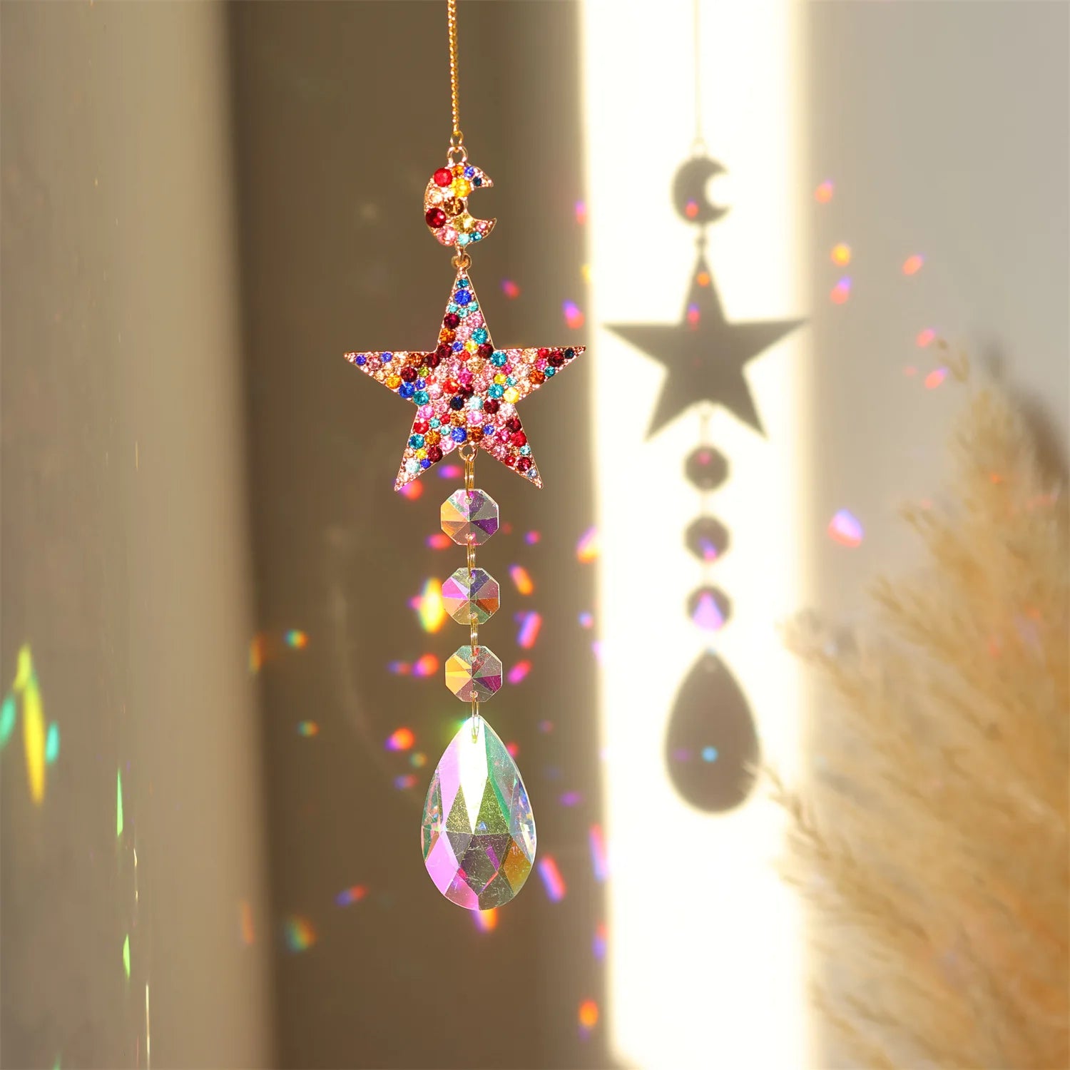 Crystal Sun Catcher with Moon, Butterfly, and Lotus for Home Decor