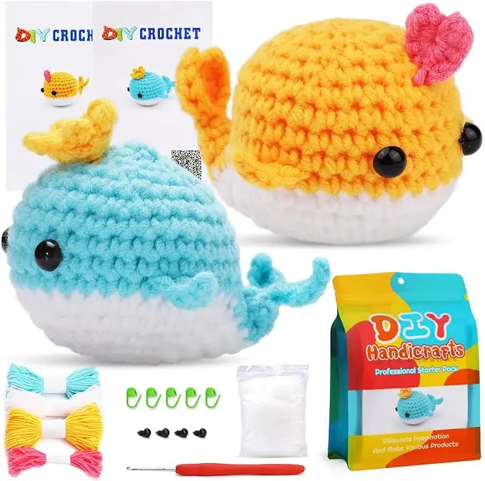 MIUSIE 2PCS DIY Animal Crochet Kit Whale Dolls with Wool Yarn (4 Colors)