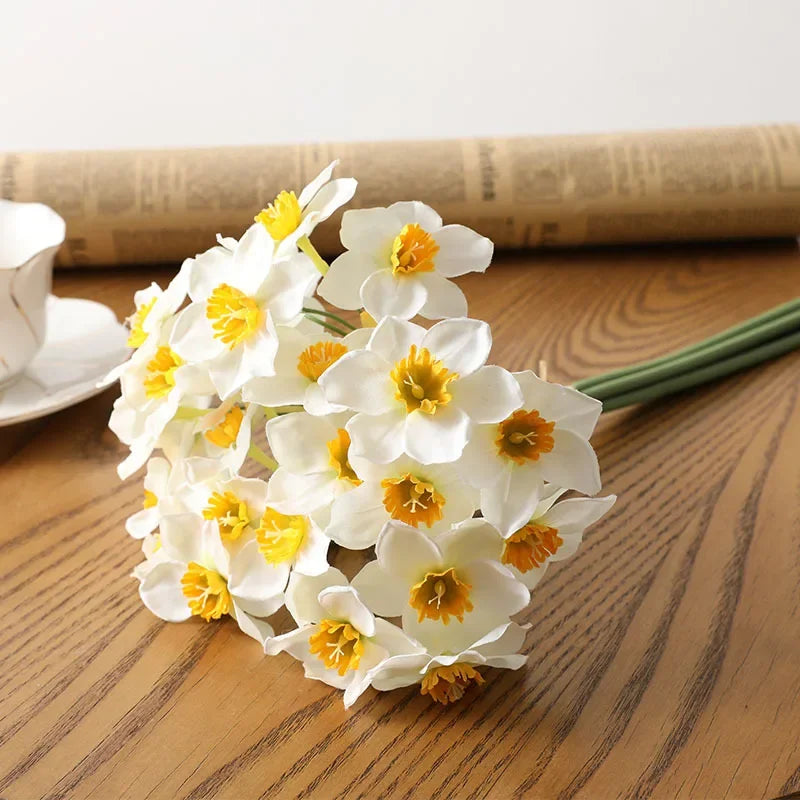 6pcs Silk Narcissus Artificial Flower Bouquet for Home or Wedding Deco