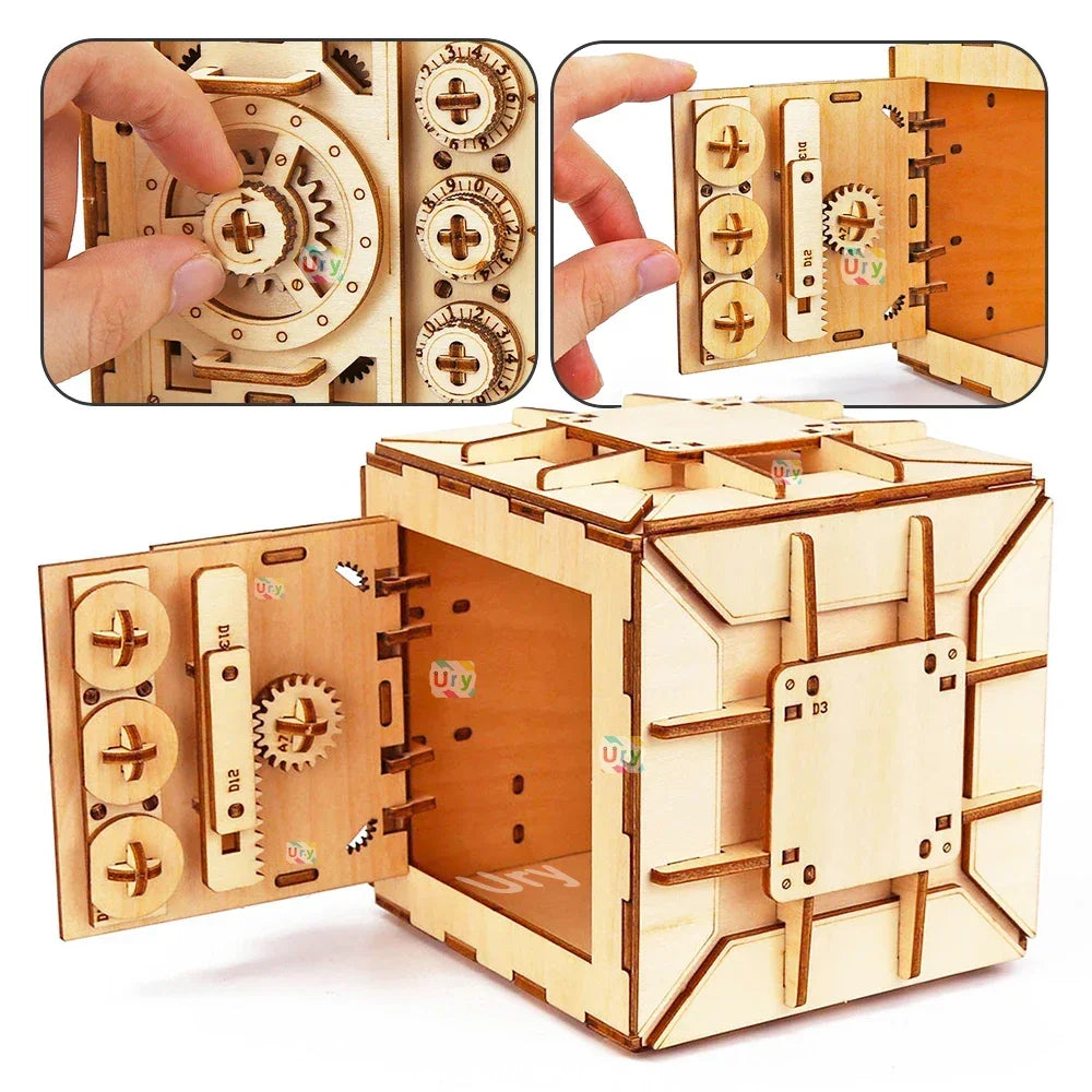 URY 3D Wooden Password Piggy Bank Puzzle