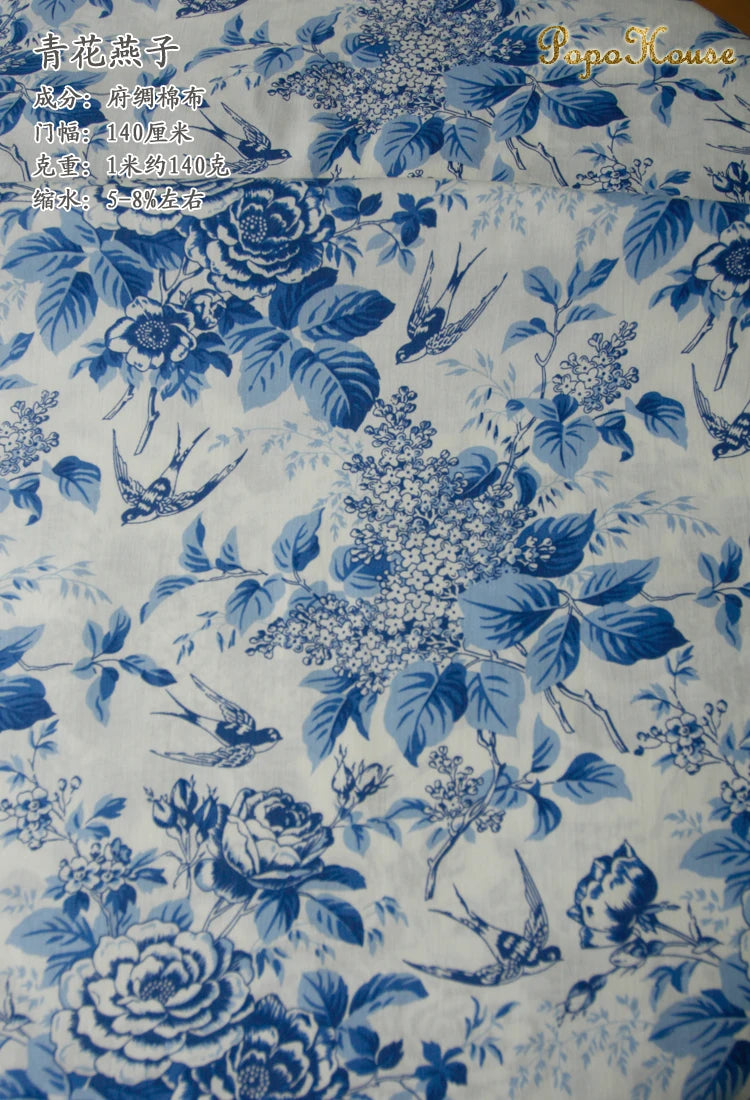 Blue White Porcelain Rose Cotton Poplin Fabric 140x50cm
