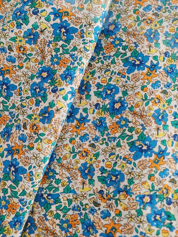 Blue White Porcelain Rose Cotton Poplin Fabric 140x50cm