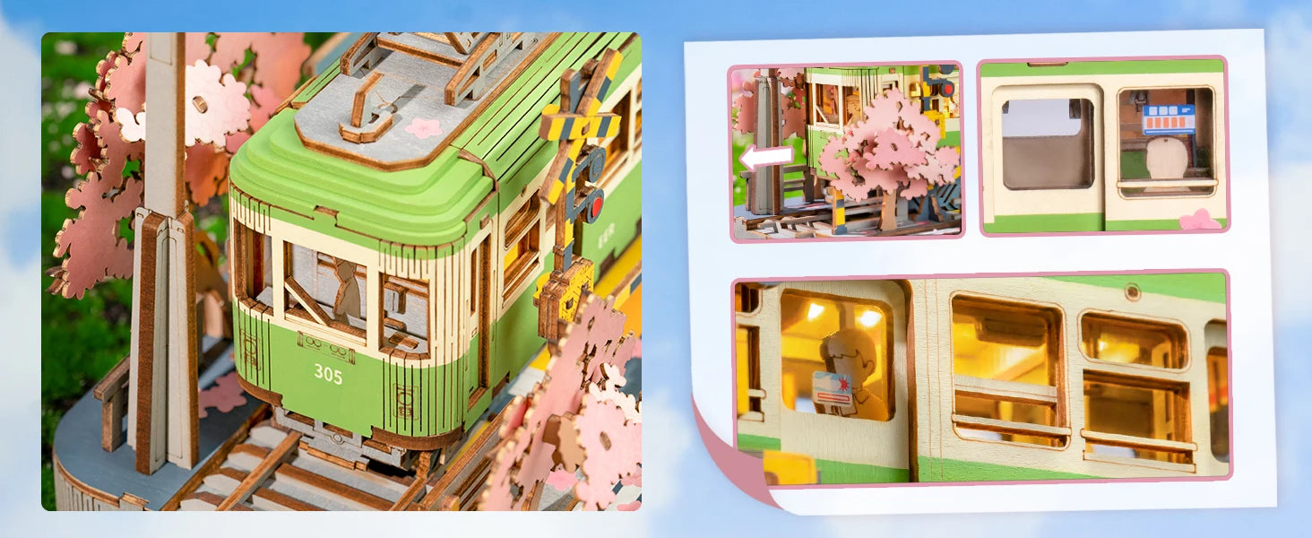 Robotime Sakura Journey 3D Wooden Puzzle Tram Model with LED Light