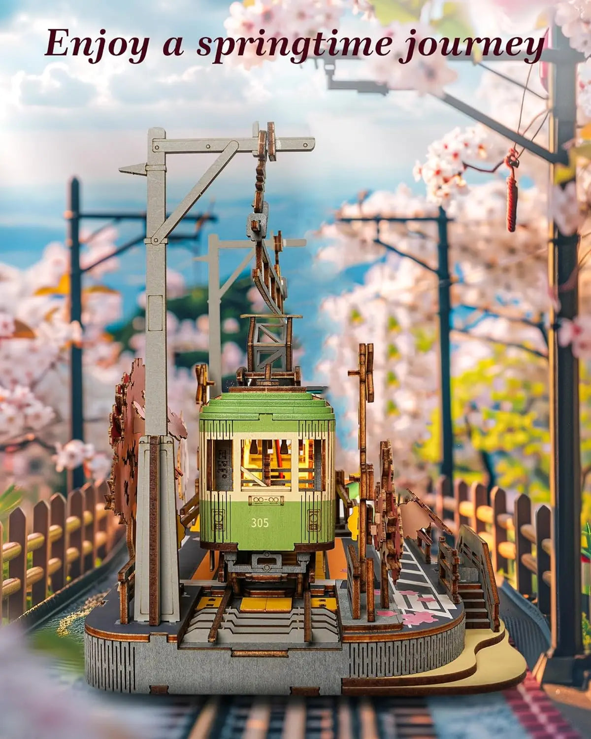 Robotime Sakura Journey 3D Wooden Puzzle Tram Model with LED Light