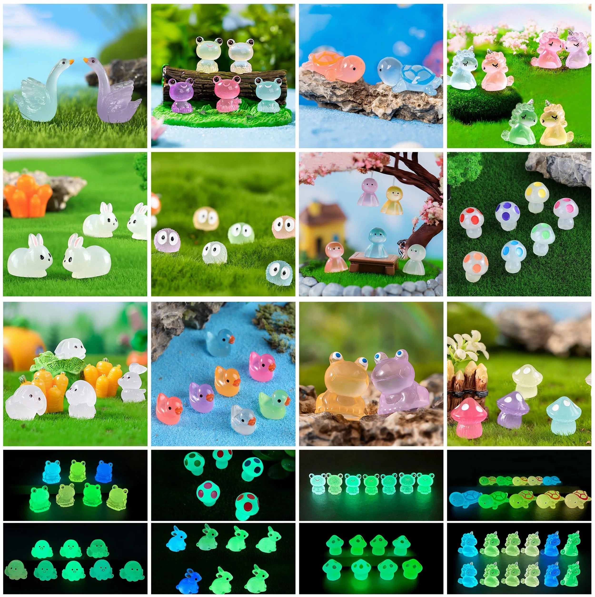 Mini Glow-in-the-Dark Animal and Mushroom Figurines for Fairy Garden
