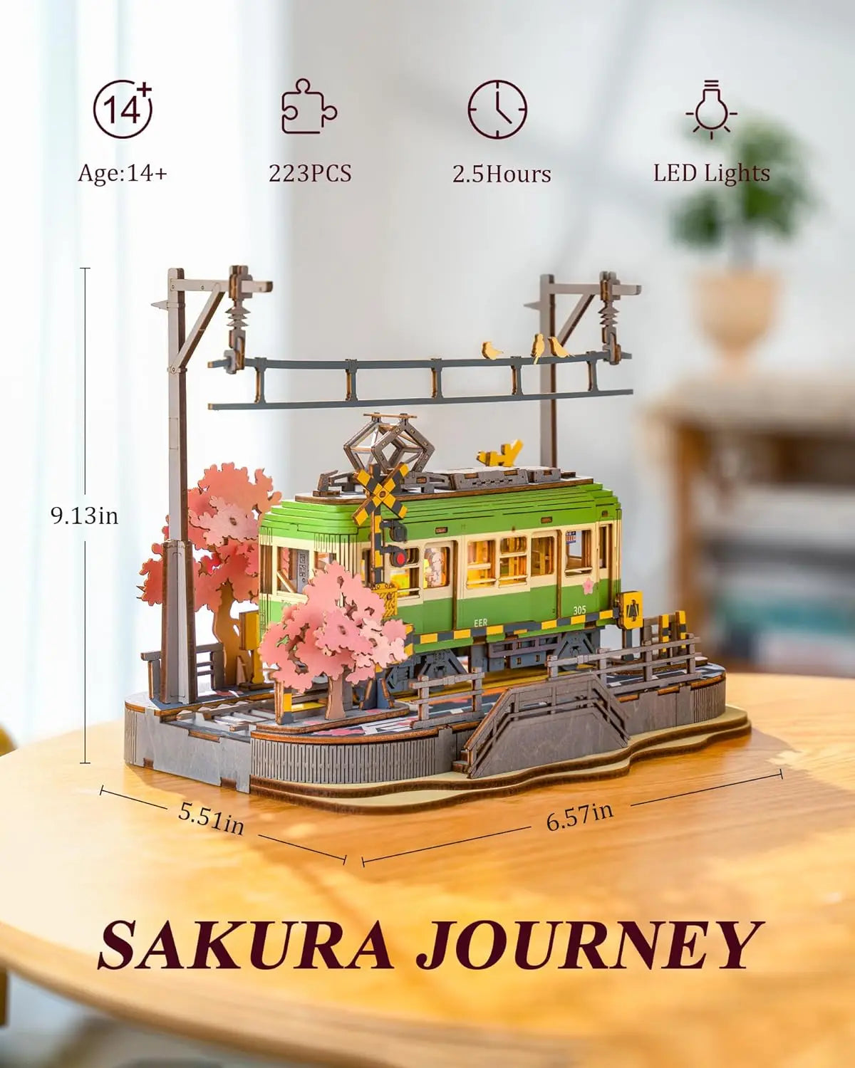 Robotime Sakura Journey 3D Wooden Puzzle Tram Model with LED Light