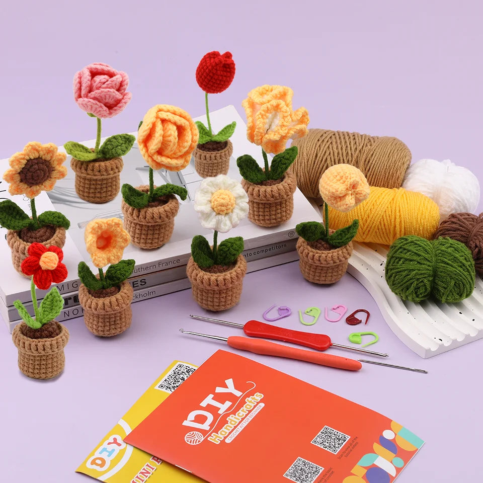 KRABALL 6pcs Beginner Crochet Potted Flower Kit