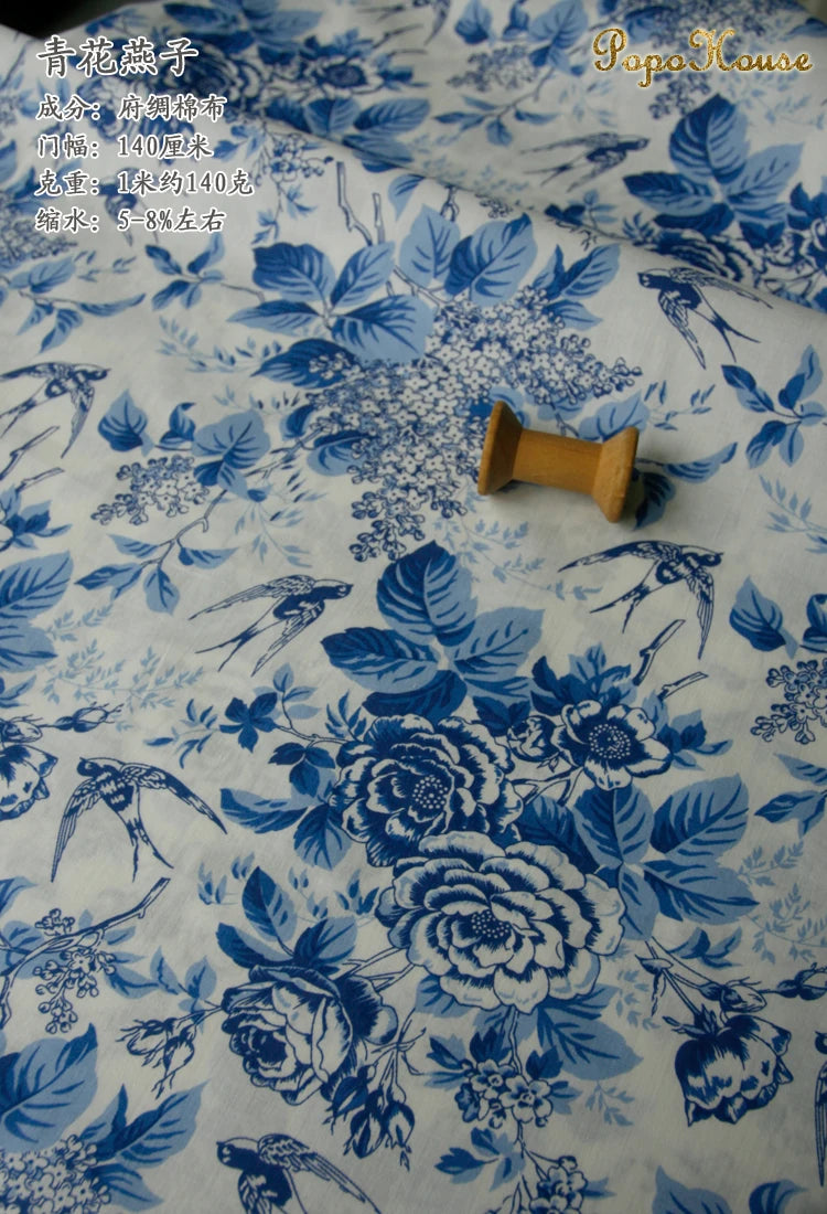 Blue White Porcelain Rose Cotton Poplin Fabric 140x50cm