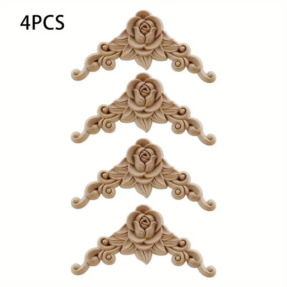 4pcs Natural Wood Carved Appliques – Decorative Corner Figurines for Furniture & Walls