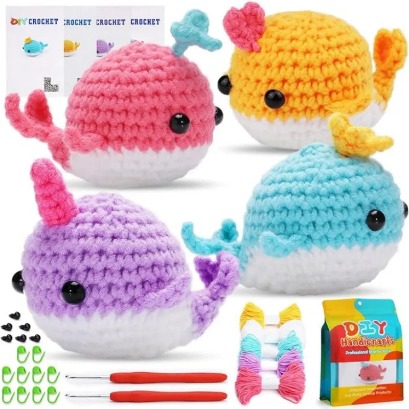 MIUSIE 2PCS DIY Animal Crochet Kit Whale Dolls with Wool Yarn (4 Colors)